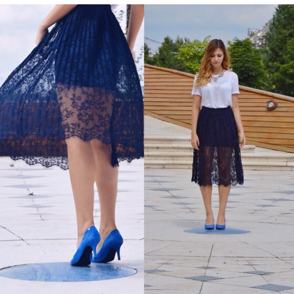 Blue lace sheer midi skirt
